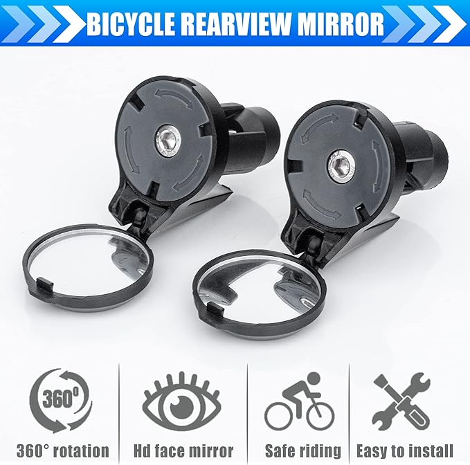 Bike Bar End Rear View Mirror 2 Pack - Adjustable HD Convex Glass Rearview Mirror for Road Bike Drop Bar End or Handlebar End of Mountain Bike, Bicycles, Scooters