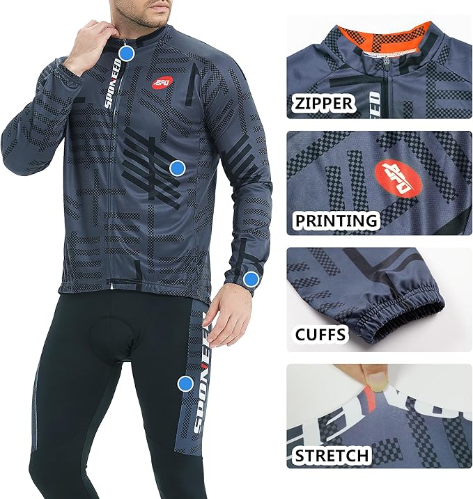 sponeed Cycling Clothes for Men Long Sleeve Mountain Bike Road Bicycle Shirt Jerseys Padded Pants Biking Outfits
