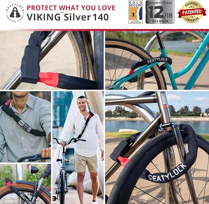 Seatylock Viking Bike Chain Lock with Key - Magnetic Patented Sold Secure Rated - Heavy Duty Anti Theft - Smart Ultra Security Bicycle Lock (55.11 Inch, Silver Rated)