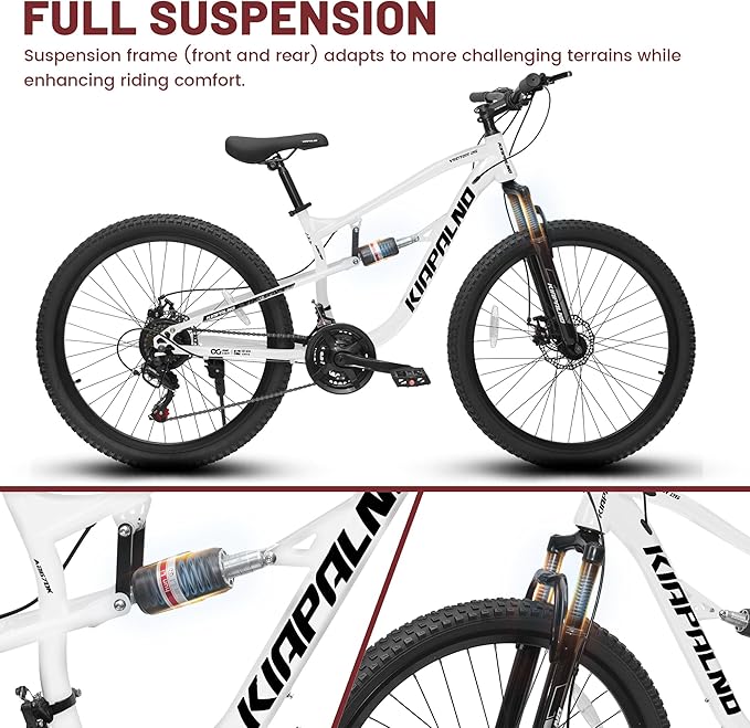 24/26/27.5 Inch Wheel Mountain Bike, 21 Speed MTB Bike with Full Suspension, Steel Frame and Dual Disc Brakes, Adult Mens Outdoor Cycling Mountain Bicycle
