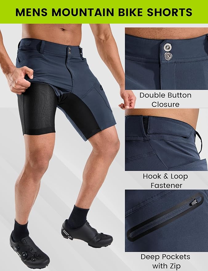 Nepest Mens Mountain Bike Shorts 3D Padded MTB Bicycle Riding Cycling Short Padding Liner Baggy Quick Dry,Zip Pockets