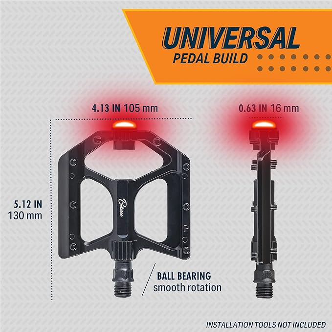 Bikeroo Black Light Up Mountain Bike Pedals for Night Morning, MTB Platform w/Grip Pins, All Metal Construction, 9/16" Spindle