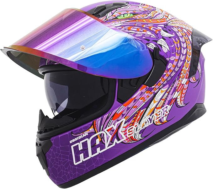 HAX Obsidian Full Face Dual Visor Adult Motorcycle Helmet for Motorbike Street Bike with Pinlock Ready DOT Approved Slayer Purple XXL