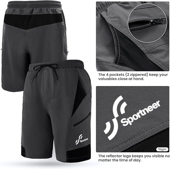 Sportneer Bike Shorts for Men: 3D Padded Lightweight Riding Biking Cycling Mountain Bike Shorts for Men with Zipper Pockets