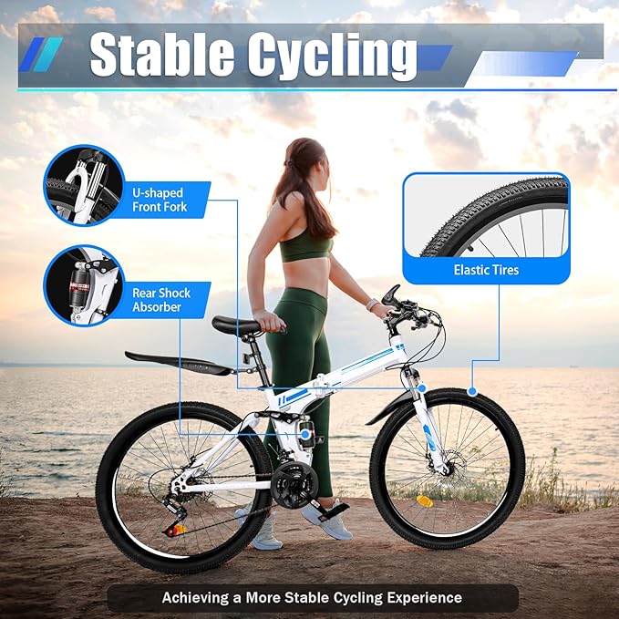 26" Folding City Bike Bicycle, 21-Speed Folding Bicycle for Adult, Camping Bicycle, Height Adjustable Folding Bike,with Mudguard, Mountain Bicycle for Roadways, Mountains, Racing, Blue&White