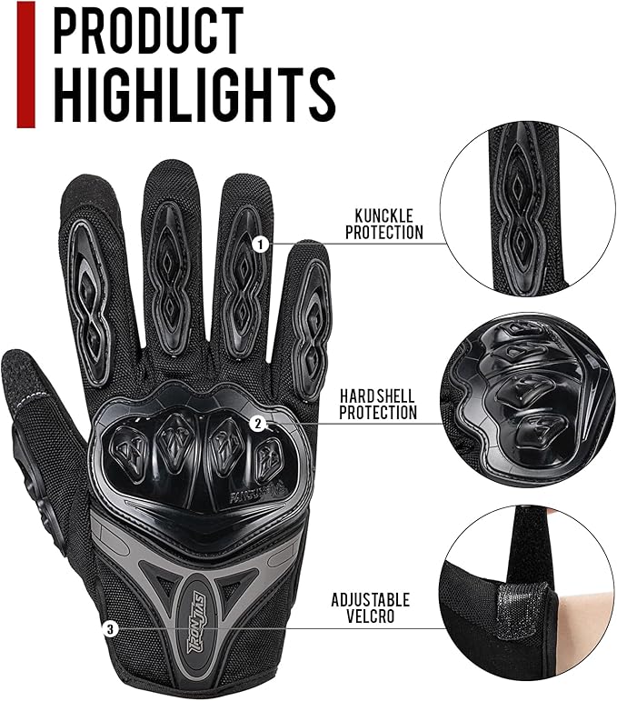 IRON JIA'S Motorcycle Gloves Full Finger Durable for Road Racing Bike Summer Spring Powersports Support Touch Screen Black-XL