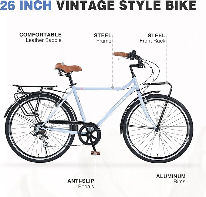 Vintage Style 26 Inch Adult Cruiser Bicycle Hybrid Bike 7 Speeds Commuter Bike for Women, Men, Seniors, SHMANO Shifter and derailleur Step-Over Steel Frame,Double Cargo Rack，4 Colors