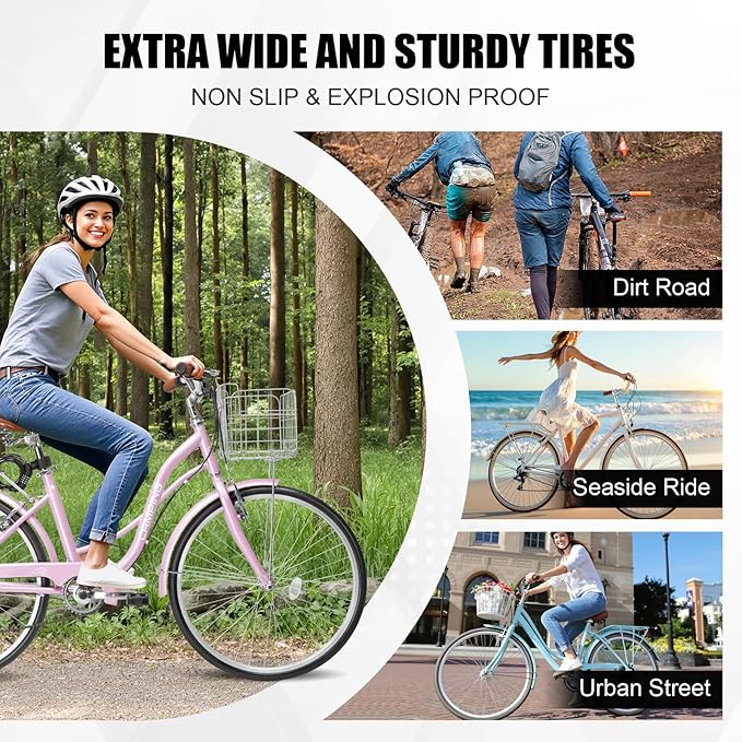Ktaxon Women Bike 24/26 Inch Bicycles for Women, Beach Cruiser Bike with Premium Derailleur & Shift Lever, Adjustable Seat, High-Carbon Steel Frame and Excellent Welding Technology | Premium Derailleur, Shift Lever, Adjustable Seat