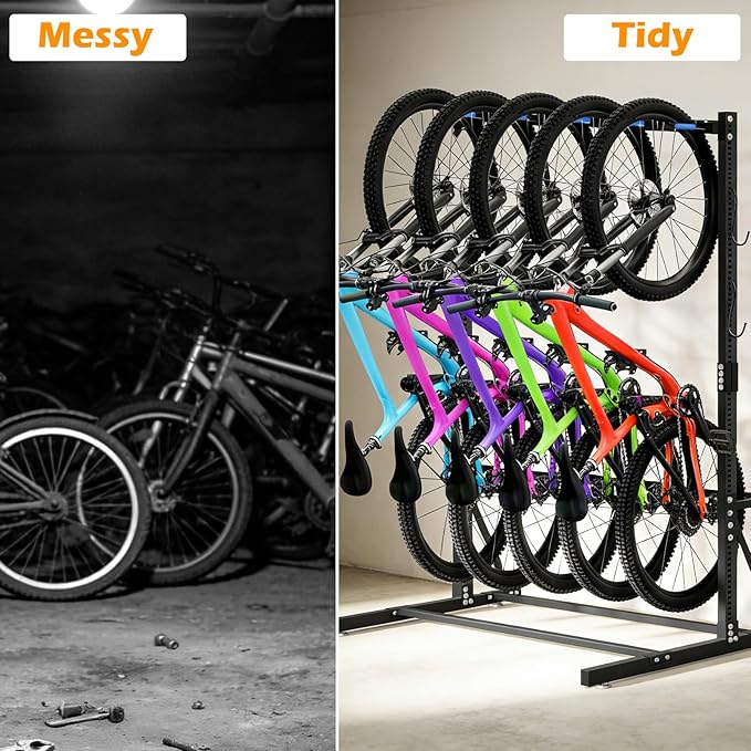 LAJIAOZ Indoor Bike Rack for Garage 5 Bike Storage Stand, Freestanding Vertical Bicycle Rack with Adjustable Hooks, Heavy Duty Steel Garage Bike Organizer for Road Mountain Hybrid Bikes, Black