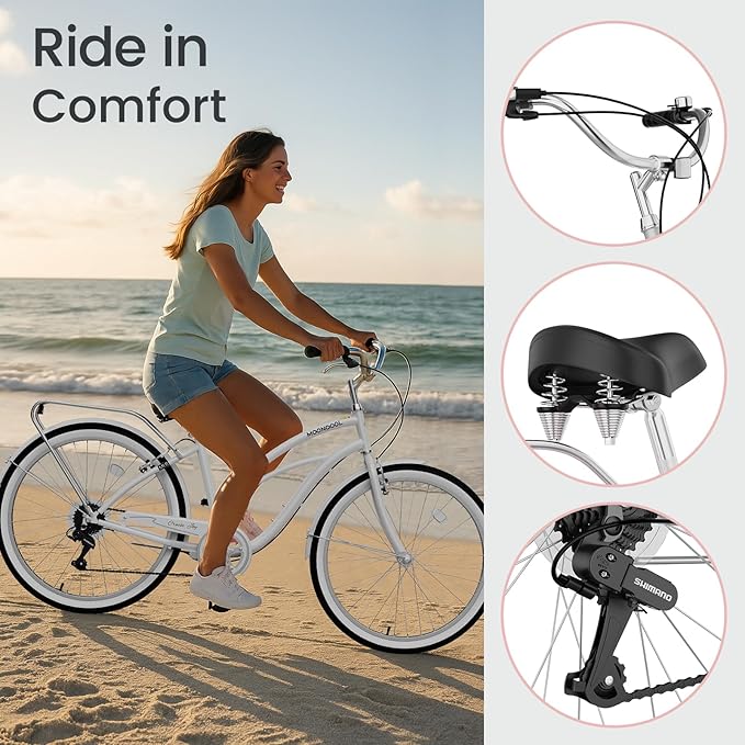 MOPHOTO 24" 26" Adult Bike 7-Speed Beach Cruiser Bike for Adults, Rear Rack, Fenders, Step-Through or Classic Frame