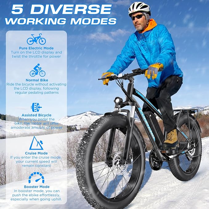 Electric Bike for Adults, 1000W Peak Ebike, 25MPH 60Miles Electric Mountain Bike, 26" Fat Tire Electric Bicycle with 48V 13AH Battery, Front Suspension,7 Speed, Rear Rack, UL 2849 Certified