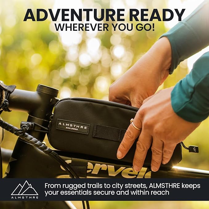 ALMSTHRE Top Tube Bag 8'' x 2'' x 3'' | Waterproof, Secure & Stable – Universal Bike Storage with Versatile Mounting – Fits Essentials | Adventure-Ready Cycling Gear