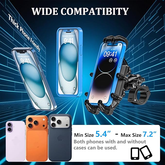 Motorcycle Phone Mount-[Triple Vibration Dampener] & [Metal Adjustment Arm]，Motorcycle Cell Phone Holder, Bike Phone Mount for iPhone 17 16 15 Pro Max, 5.4-7.2" Smartphones