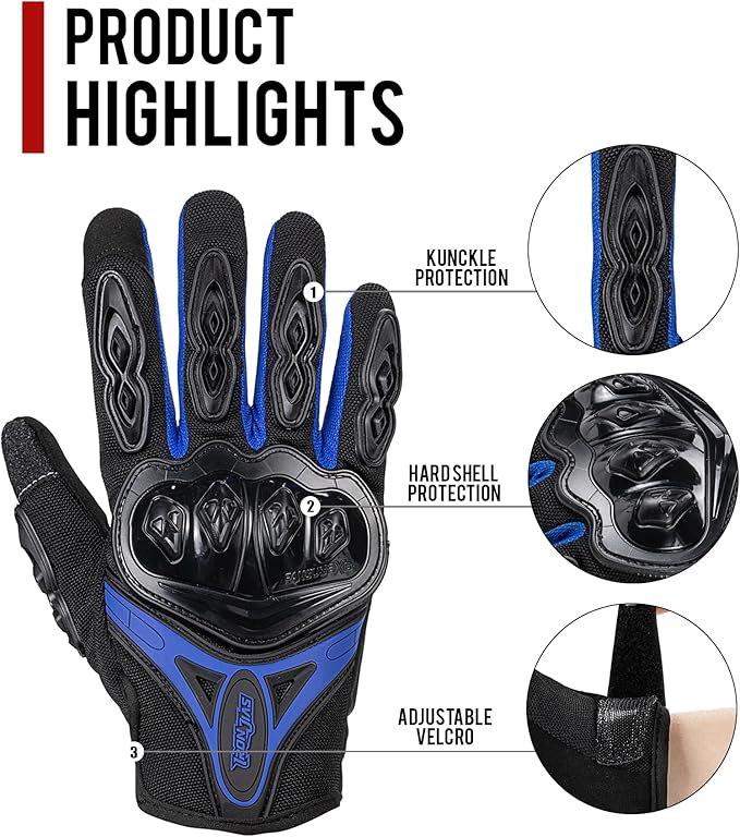 IRON JIA'S Motorcycle Gloves Full Finger Durable for Road Racing Bike Summer Spring Powersports Support Touch Screen Blue-L