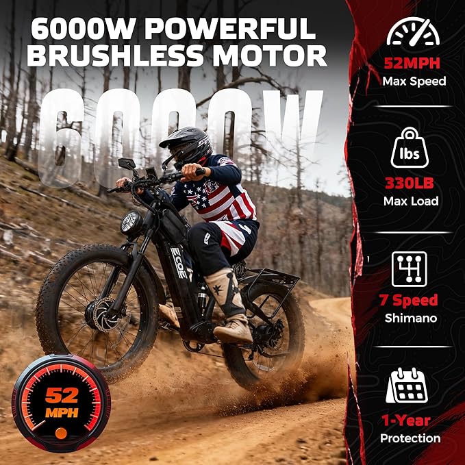EcoE 6000/7000W Dual Motor Electric Bike for Adults 52MPH Charge Voltage 63 V32A, 26x4 Fat Tire All Terrain Ebikes, Full Suspension E Bike, SHM 7-Speed Gear Electric Bicycle
