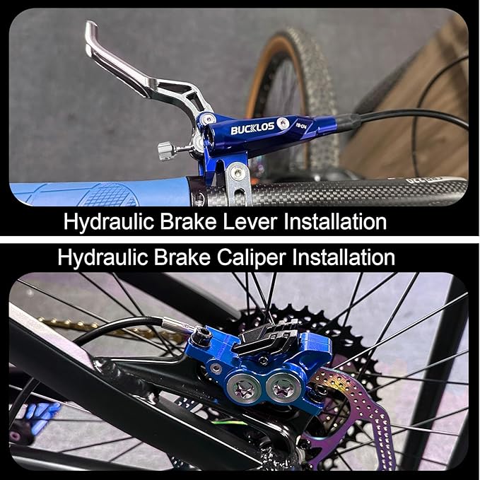 BUCKLOS MTB Hydraulic Disc Brake Set 4 Pistons Front 850mm and Rear 1550mm Hydraulic Brakes with Aluminum Alloy Lever with Caliper Ceramic Brake Pad Fit Mountain Bike,Ebike,Fat Bike HB-CP4 (Pre-Bled)