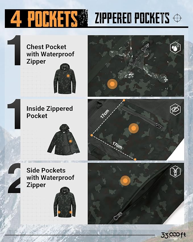 33,000ft Men's Packable Rain Jacket Lightweight Rain Shell Jacket with Hood Waterproof Raincoat for Cycling