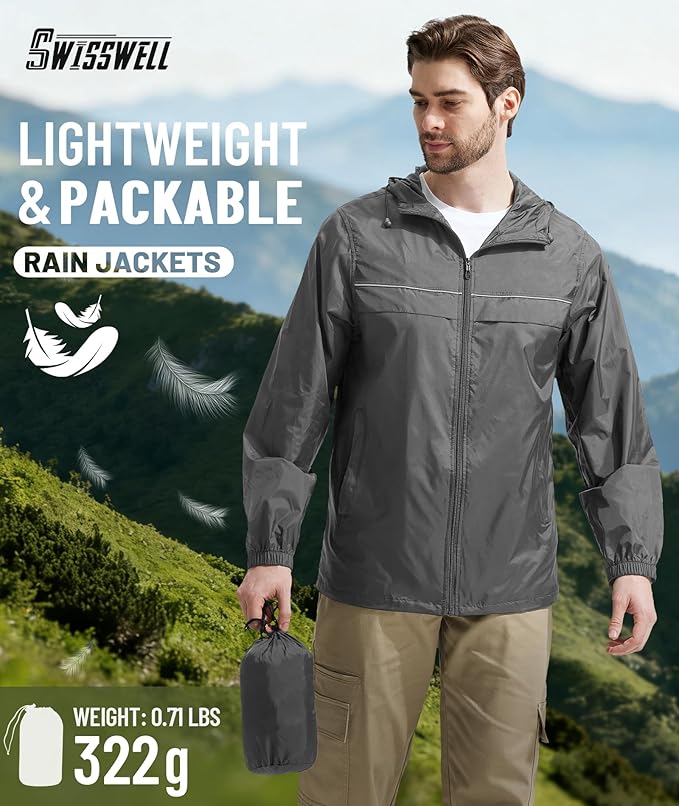 SWISSWELL Mens Rain Jacket & Coats Packable Lightweight Waterproof Windbreaker Hooded for Golf Cycling Hiking