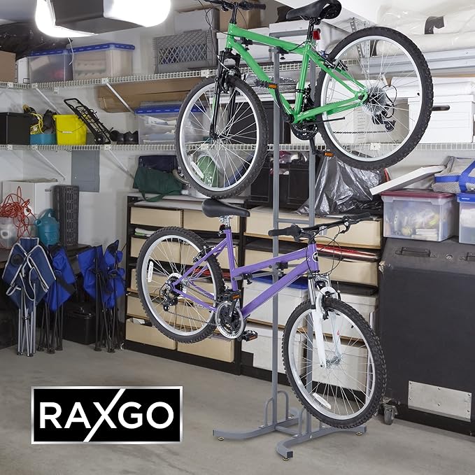 RaxGo Bike Garage Storage Rack, 2 Bicycle Garage Floor Stand, Freestanding, Adjustable Hooks, for Mountain & Road Bicycles, Universal for Indoor Use