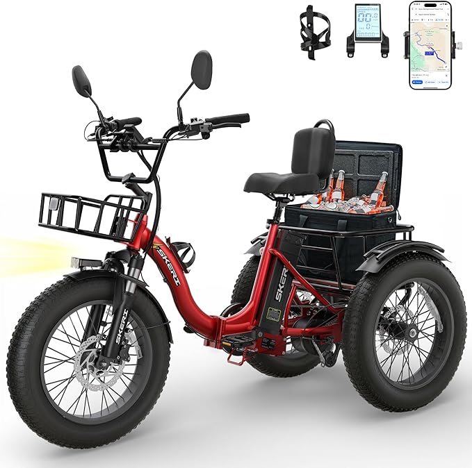Skeri Electric Tricycle for Adults, 750W(Peak 1350W) Motor Etrike, 20"x4" Folding Fat Tire Electric Trike, 48V13Ah Battery, 3-Wheel Electric Bike, 20MPH, Front & Rear Basket & Differential