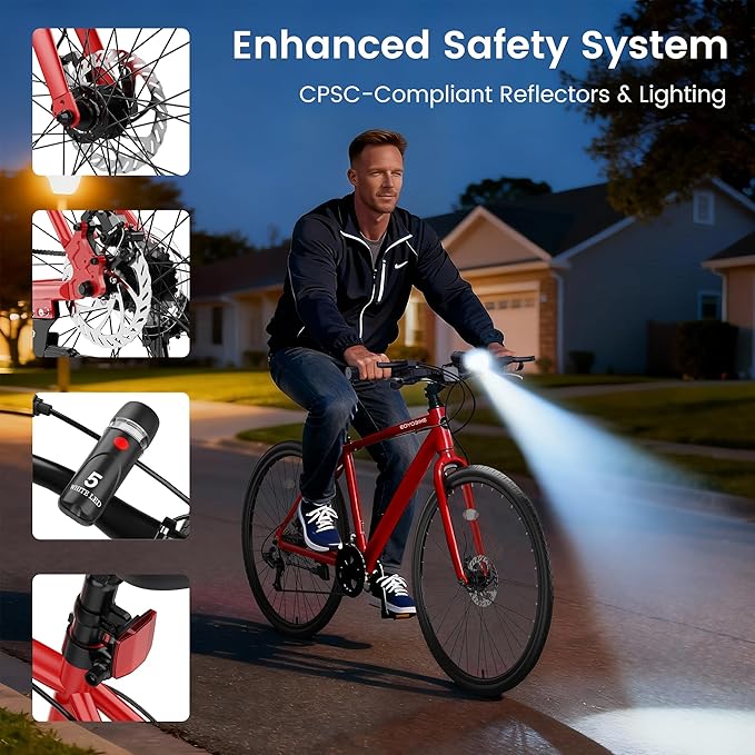MOONCOOL Hybrid Bike for Men, 700C Aluminum 29LBS Ultra-Light 8-Speed Commuter Bike, 350lb Capacity, 29" Adult Urban Bicycle, Dual Disc Brakes, for Tall Men&Women, 85% Pre-Assembled