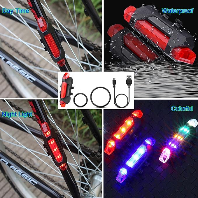 2 Pack USB Rechargeable LED Bicycle Rear Lights Cycling Bike Taillight Safety Lamp Night Essential Waterproof 4 Modes Warning Light for Men Women Kids MTB