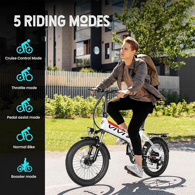 Vivi Electric Bike, 20" 500W Folding Electric Bike, 21.7MPH Adult Electric Bicycles with Removable 48V 374.4Wh Battery, Up to 50Miles Range, Cruise Control, Shock Absorber, SGS Certified to UL2849