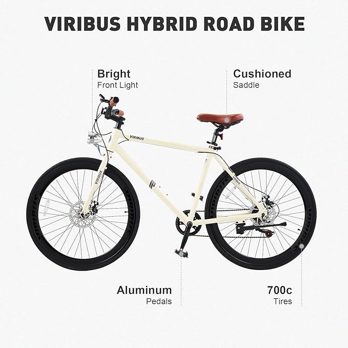 VIRIBUS Hybrid Bikes, 28 inch Mens Hybrid Bicycle 7 Speed with Lightweight Aluminum Frame & Disc Brakes, 700C Retro Vintage Adult Bike for Tall Men & City Commuters, 85% Pre-Assembled