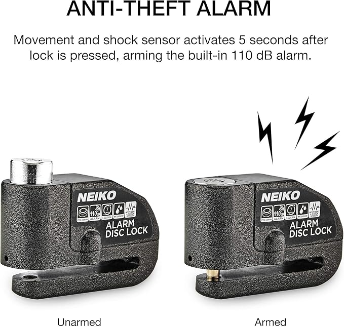 NEIKO 52908A Motorcycle Locks Anti Theft with Alarm, Motorcycle Disc Lock with Alarm, Disk Lock Anti-Theft Motion Sensor, Security Lock Brake, Universal Alarm Lock for Motorcycles, Bicycles & More