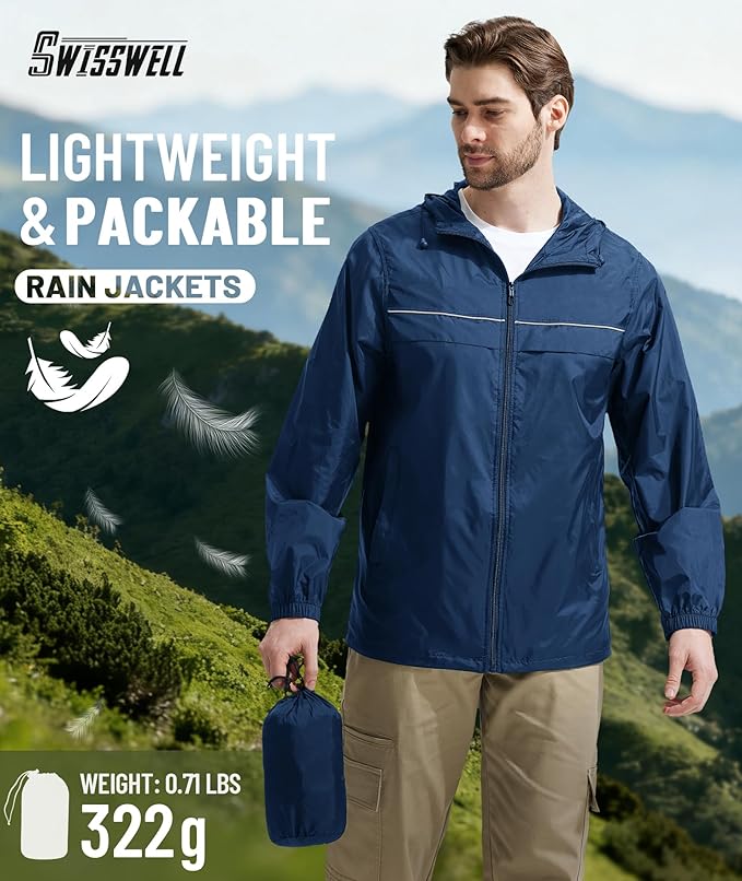 SWISSWELL Mens Rain Jacket & Coats Packable Lightweight Waterproof Windbreaker Hooded for Golf Cycling Hiking