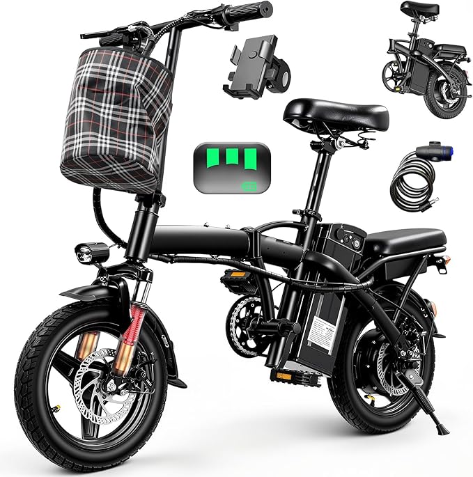 Electric Bike for Adults Teens, Commuter City Folding ebike with 560W Motor and 48V Battery, 24MPH 3-Level Pedals Assist, Dual Disc Brakes,14" Compact Foldable Electric Bicycle with Lock