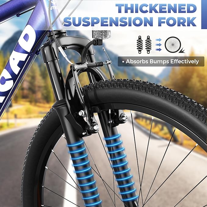 26" Mountain Bike, 7-Speed Lightweight High-Carbon Steel Frame, V Brakes & Front Suspension - Adjustable Ergonomic Seat for Men & Women(Quick Assembly, Multiple Colors)