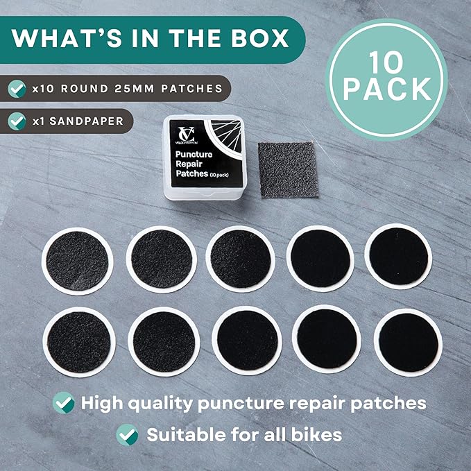 VeloChampion Puncture Repair Kit | Self-Adhesive Bike Tyre Patches for Road, MTB, BMX, Ebike| Travel Size Bicycle Puncture Repair Kit | 6, 10 or 40 Pack + Optional Tyre Levers