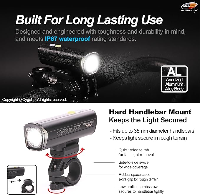 Cygolite Velocity 1600, 1200, 1000, 800 Lumen USB-C Bike Lights – Anodized Aluminum Alloy – 9 Light Modes – Fine Tunable Brightness - Compact, IP67 Waterproof – Hard Mount – Road & Mountain