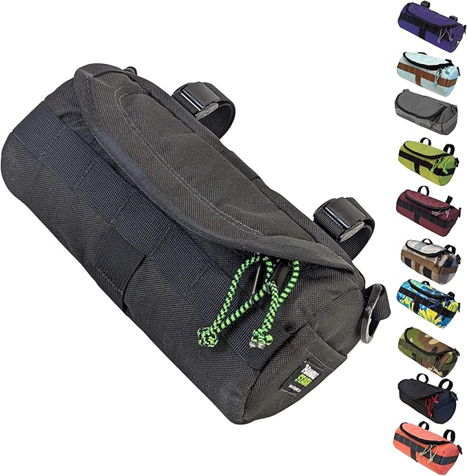 Handlebar Bag (Black & Green Burrito) | 2 Liter Capacity | Spacious Bike Bag w/ 2 Extra Long Buckle Straps & 1 Hook-and-Loop Strap | Water Resistant Front Basket | Bike Accessories | Made in USA