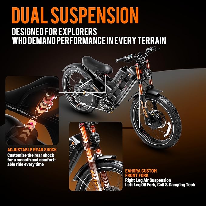 eAhora 2026 Romeo Pro3/2 50/46Mph Ebike 5600/4000W Dual Motor 200+Miles Electric Bike for Adults, 52V/70Ah 60V/80Ah Long Range 26 * 4.0" Fat Tire Full Suspension Electric Mountain Bike