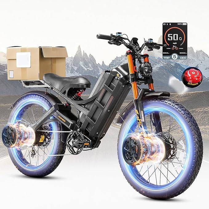 eAhora 2025 Latest Romeo Pro 3/2/Pro 5600W/50Mph 4000W/46Mph Dual Motor Electric Bike for Adults, 60V/80Ah 52V/70Ah 250+Miles Long Range Ebike 26''*4.0 Fat Tire Full Suspension Off-Road Ebike, UL2849