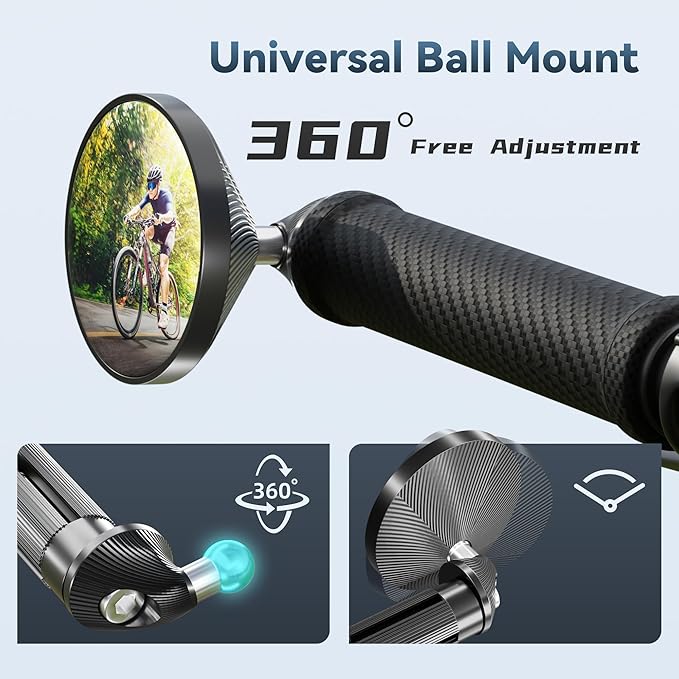 Bike Mirrors, 2-Pack Aluminum Alloy Bar End Mirrors with HD Glass Lens, 360° Adjustable Safe & Durable Bicycle Handlebar Mount, Fits 0.67-0.83 in/17-21mm Bars for MTB, Road, E-Bike