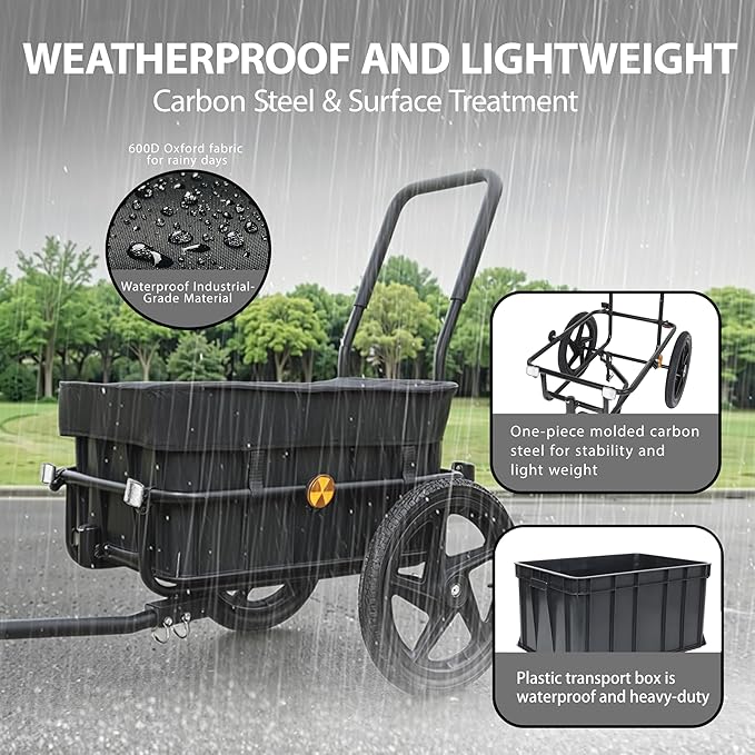 Lightweight Bicycle Trailer, Foldable Bike Cargo Trailer with Universal Hitch, Portable Bicycle Trailers with Removable Box and Waterproof Cover, for Camping, Groceries, 88 LBS Load Capacity