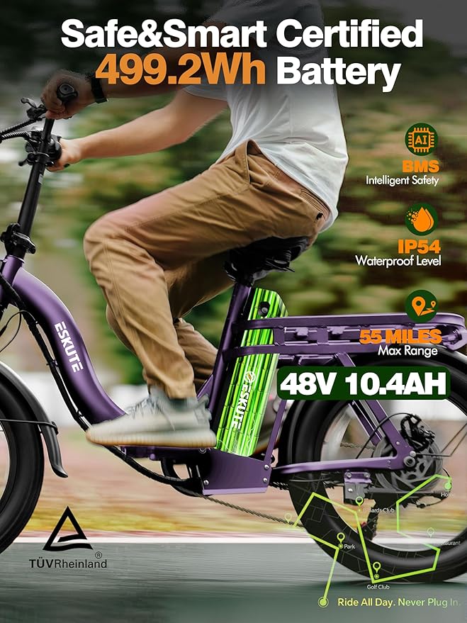 1200W Peak Folding Electric Bike for Adults, 28MPH 48V 10.4Ah Removable Battery, 55-Mile Range, 20"x3" Fat Tire, Step-Thru Ebike with Basket 7-Speed – Commuter E-Bike
