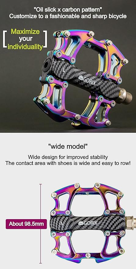 GORIX Bike Flat Pedals Wide CNC Lightweight with Non-Slip Pin Spike Oil Slick Road Mountain MTB Bicycle (GX-Fi777)