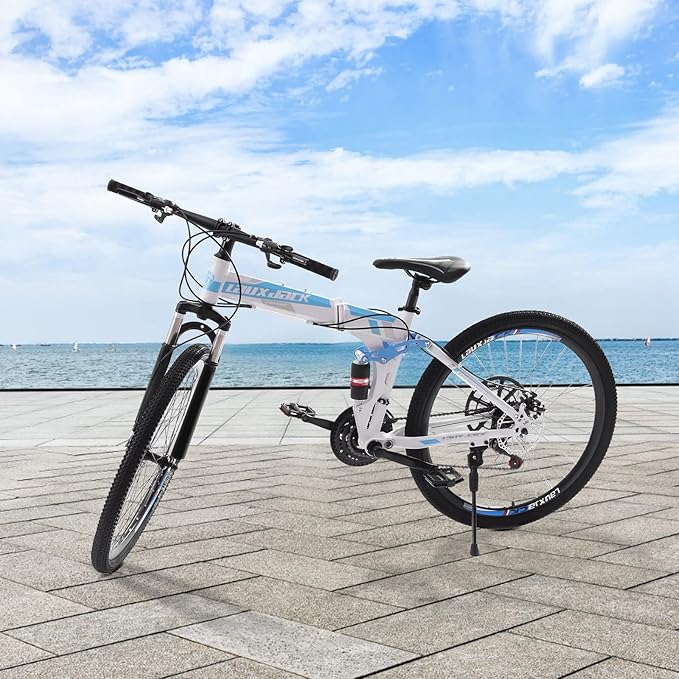 26 Inch Folding Mountain Bike, 21 Speed Full Suspension High-Carbon Steel MTB Foldable Bicycle, Dual Disc Brake Non-Slip Folding Bikes, Mountain Bicycle for Adults/Men/Women