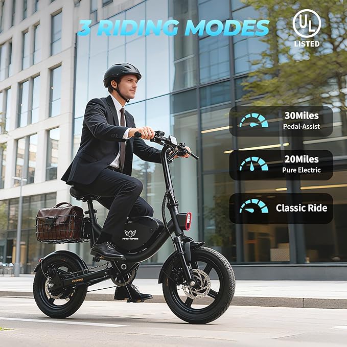 Electric Bike with Basket, 14" Folding Ebike 22 MPH, 35 Miles Range, Dual Suspension, 715W Peak Brushless Motor with 30° Uphill, Adjustable Seat, Commuter Electric Bicycle for Adults 330LBS Load