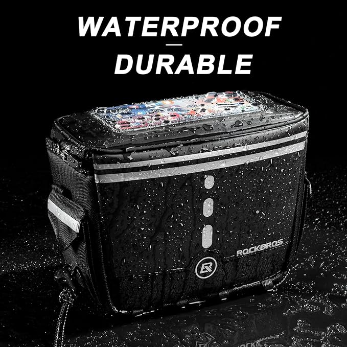 ROCKBROS Bike Handlebar Bag, 3L Waterproof Electric Scooter Bag with TPU Touchscreen, Bicycle Front Storage Pouch Bag, Cycling Accessories for Mountain Bikes, E-Bikes & Folding Bicycles