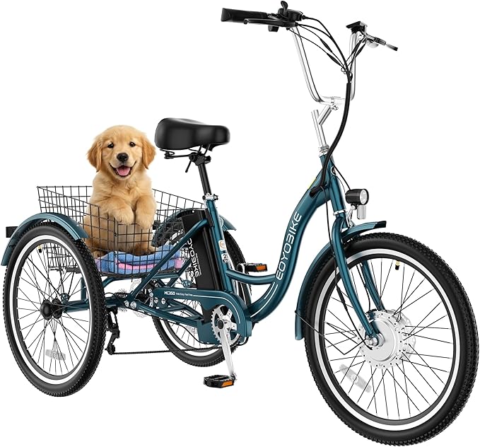 MOONCOOL MONCOOL Adult Electric Tricycle, 350W Front Drive Motor (Peak 700W), 15.5MPH E-Trike with Removable 36V 14.5Ah Battery, 60 Miles Range, 24/26 Inch 7-Speed 3 Wheel Electric Bike, Large Basket