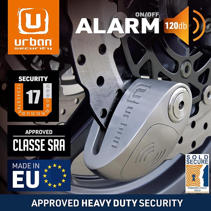 URBAN UR910S Approved Motorcycle Disc Lock with Hi-Tech Alarm | 120dB, X2 ON | SRA & Sold Secure Gold Tested Anti-Theft for Motorbike Scooter Bike | 10mm Double Locking, Stainless Steel