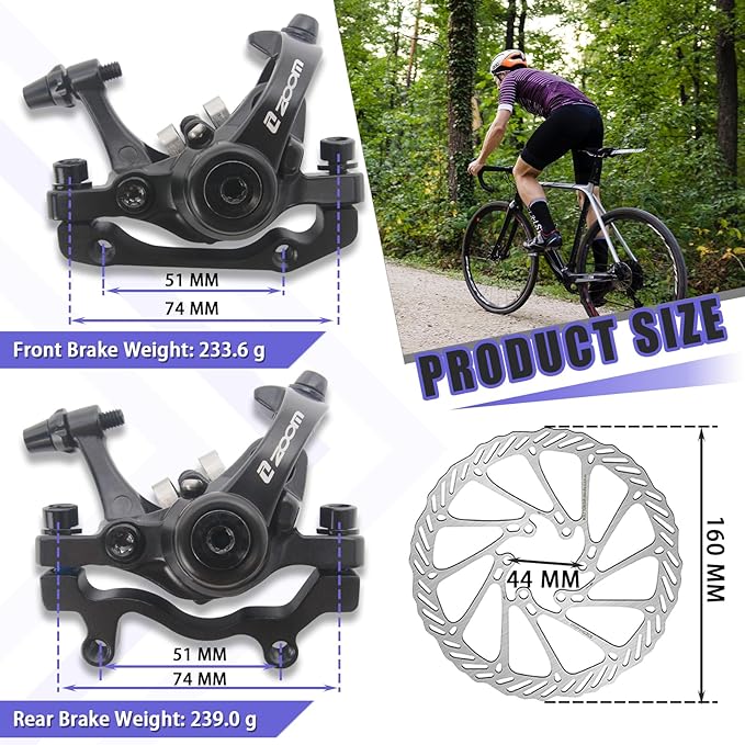 BUCKLOS Mountain Bike Disc Brake kit, MTB Mechanical Line Pulling Disc Brakes Caliper with Aluminum Alloy Levers /160mm Rotor,/is/PM Universal Adapter for Ebike/Folding Bike/Scooter/Fat Bike
