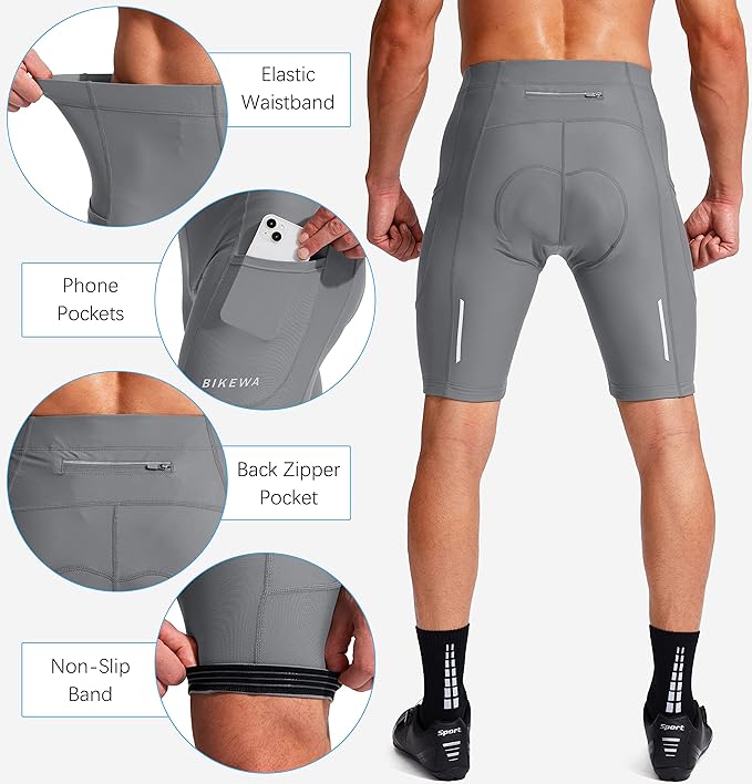 Bikewa Men's Bike Shorts 3D Padded Cycling Road Biking Mountain Riding Biker Bicycle UPF 50+ Cycle Shorts Zipper Pockets