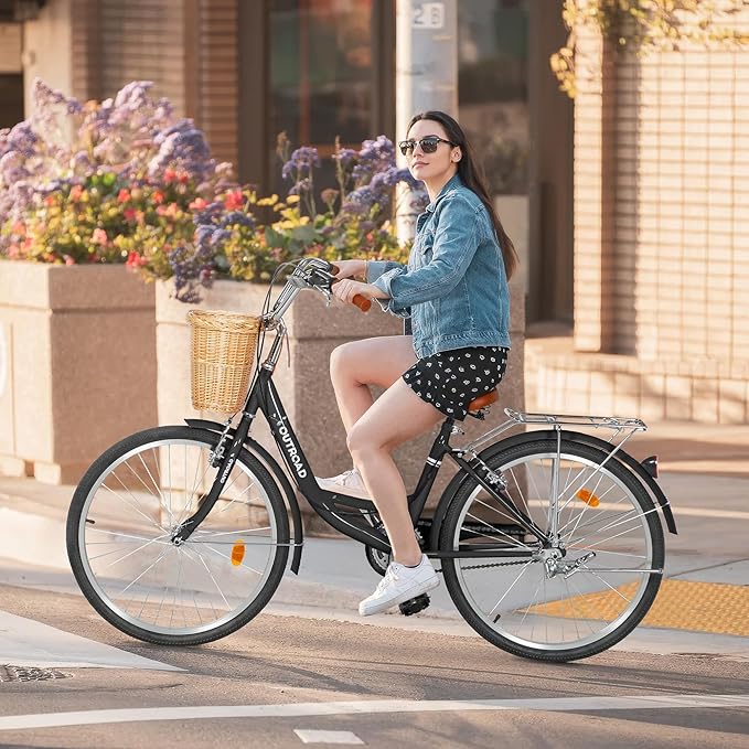 Outroad Comfort Bike for Women, 24/26 Inch Commuter Bicycle for Adult Men and Women, High-Carbon Steel Comfortable City Bikes with Rear Rack or Basket