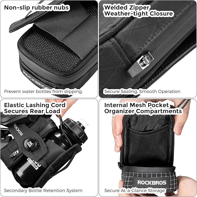 ROCKBROS Water-Resistant Bike Saddle Bag with Water Bottle Holder & Taillight Hanger – Large Capacity Rear Seat Pack for Road & Mountain Cycling